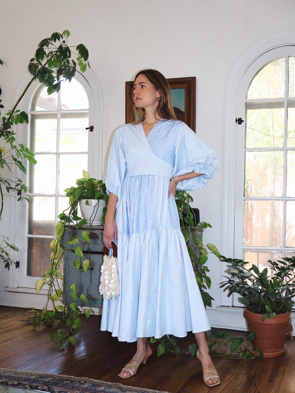 LOTI CALISTOGA Cotton Wrap Dress | Sky Blue Floral Embroidery Large